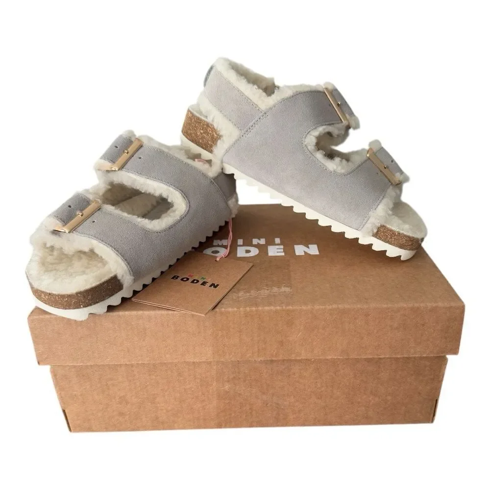 Mini Boden Kids Suede Fuzzy Sandals EU 27 US 10 Gray Faux Fur Cork Slides